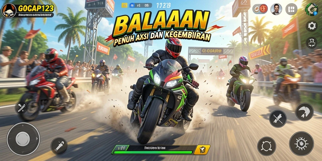 Screenshot gameplay memukau GOCAP123 menampilkan balapan motor yang seru.