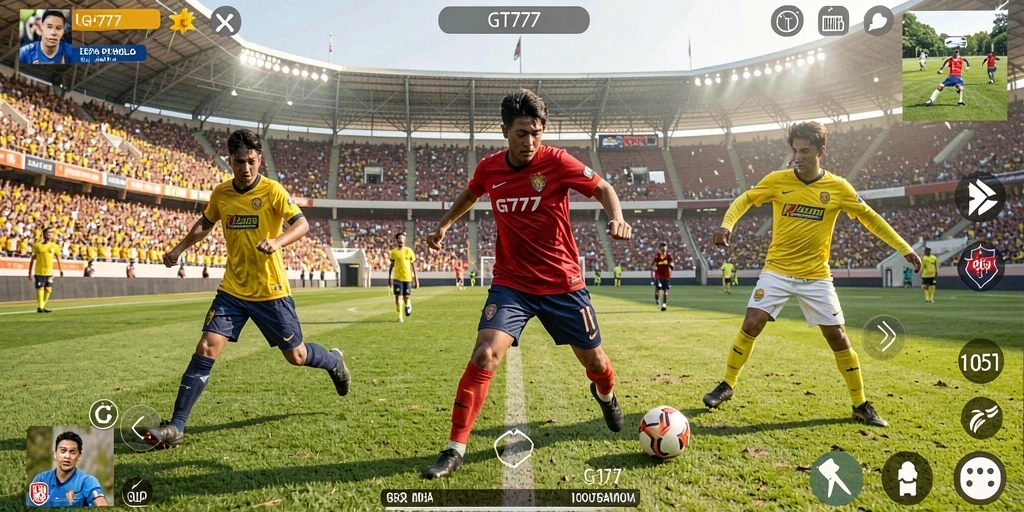 Screenshot gameplay GT777 menunjukkan pertandingan sepak bola yang mendebarkan.