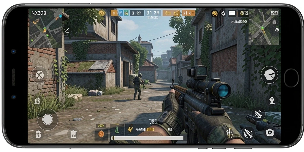 Screenshot gameplay NX303 menampilkan aksi tembak-tembakan yang seru.